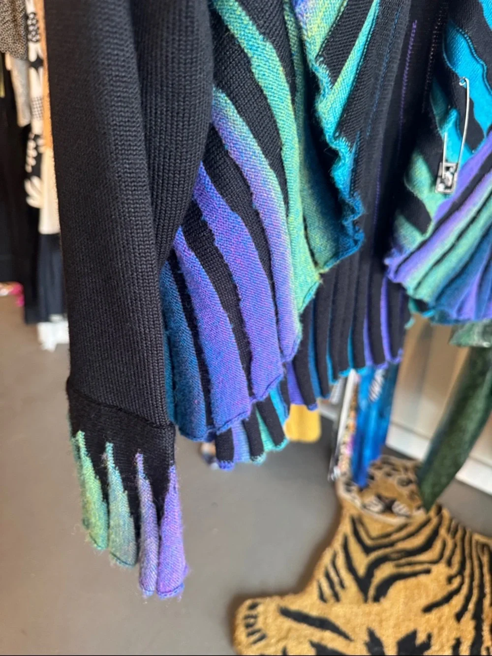 Y2K Open-Front Striped Sweater Cardigan in Blue/Green/Purple - Picture 4 of 7
